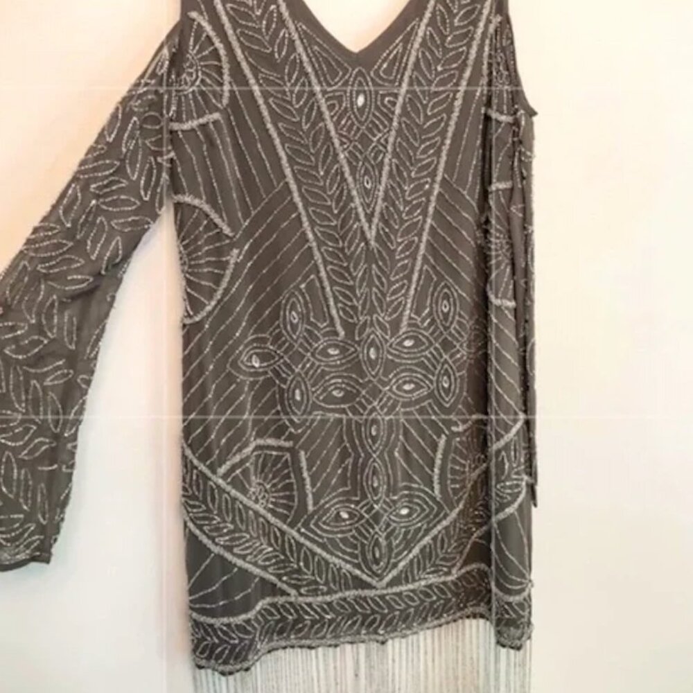 Frock and frill Formal Gatsby beaded Fringe Cold Shoulder Dress